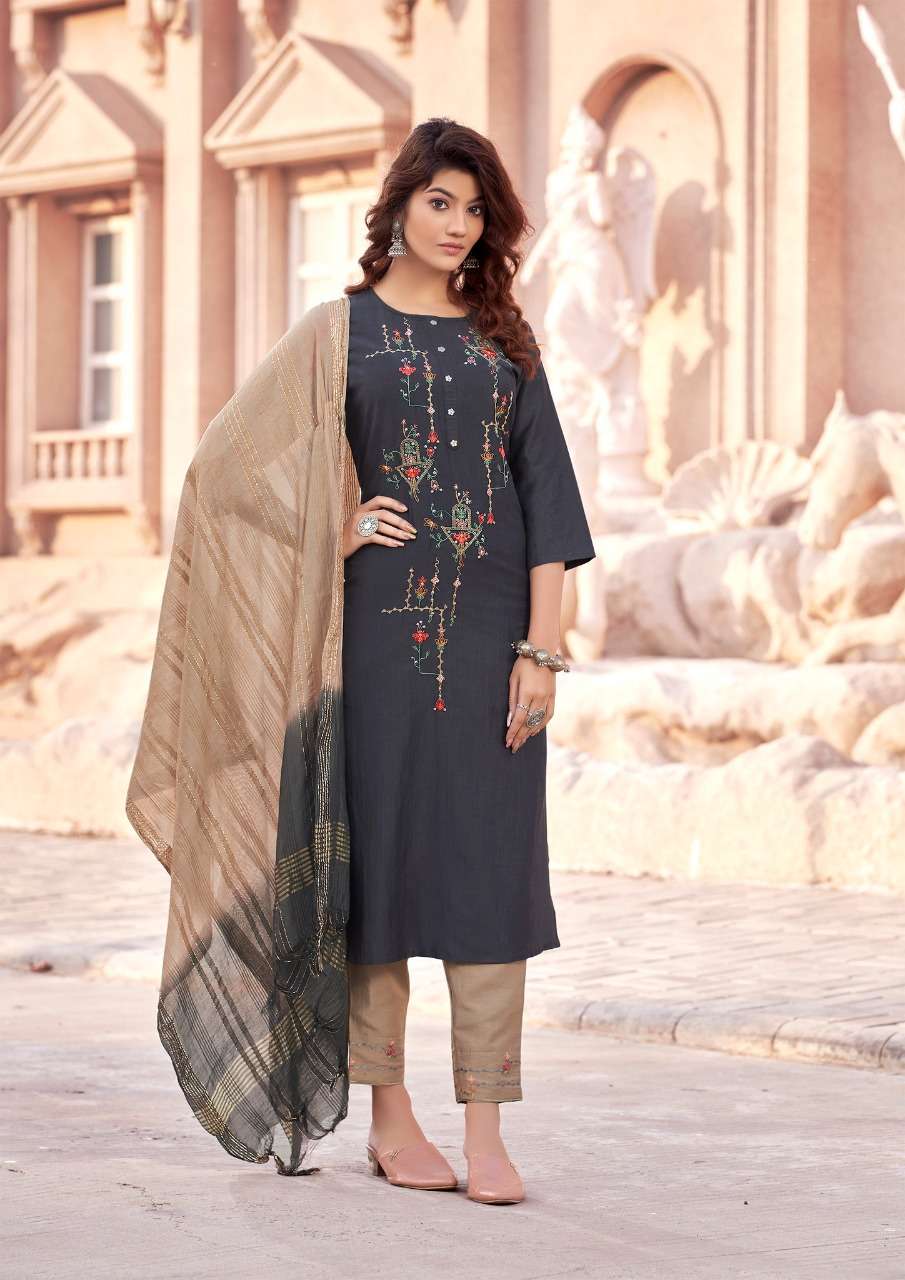 Parra Studio-Apsara Vol 1- Chinon Silk-With-Embroidery-Handwork-Kurti-with-Khatli-Work-Embroidery-Work-Pant-and -Fancy-Dupatta -1006